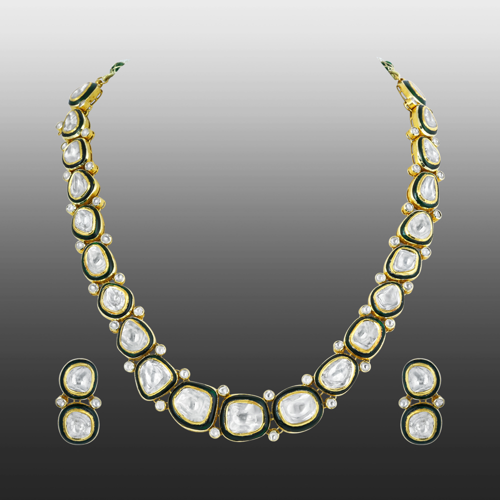 Polki Necklace Set with Green Enamel Border